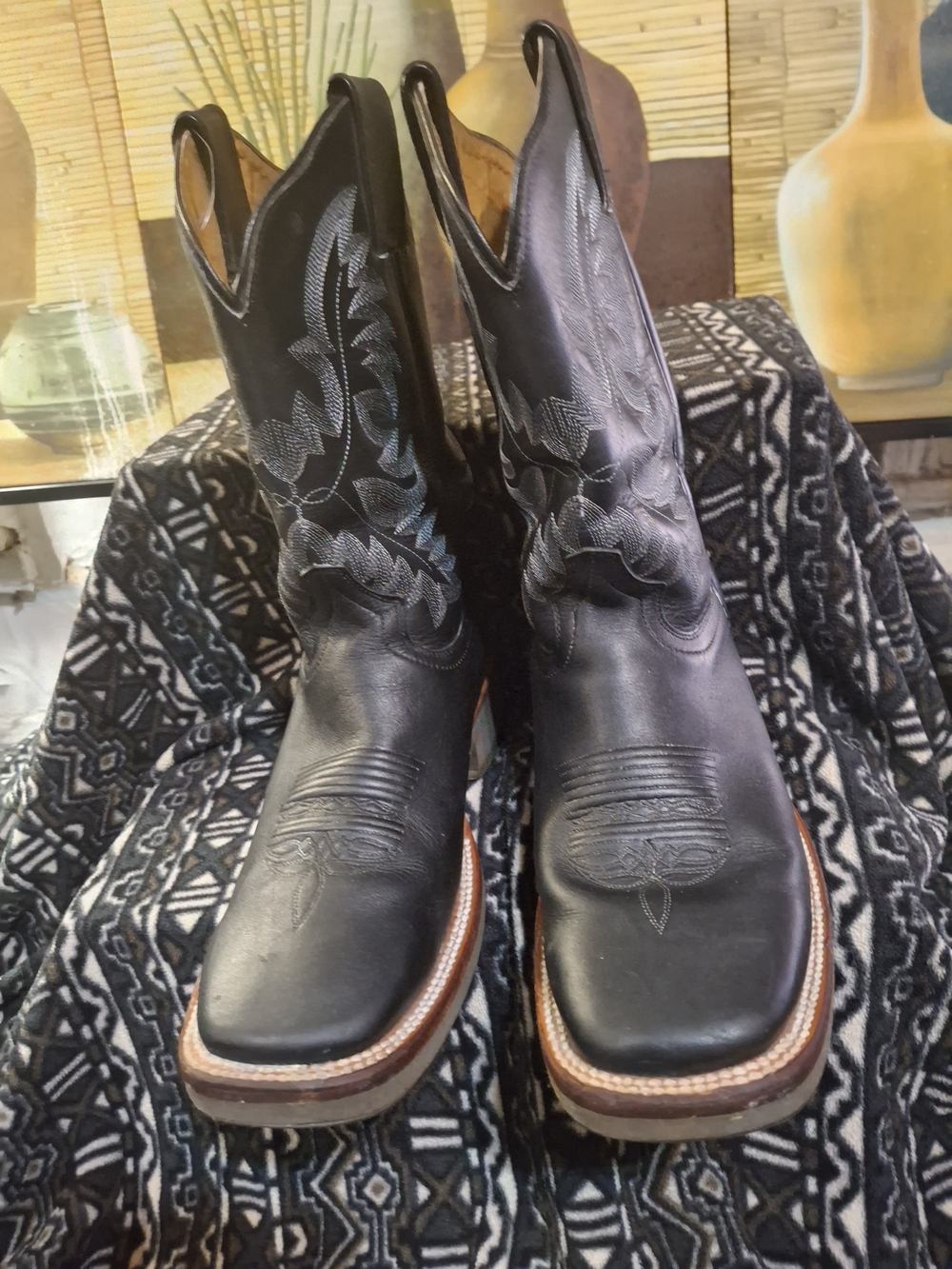 Men's Black Leather Western Cowboy Boots with Embroidered Shaft